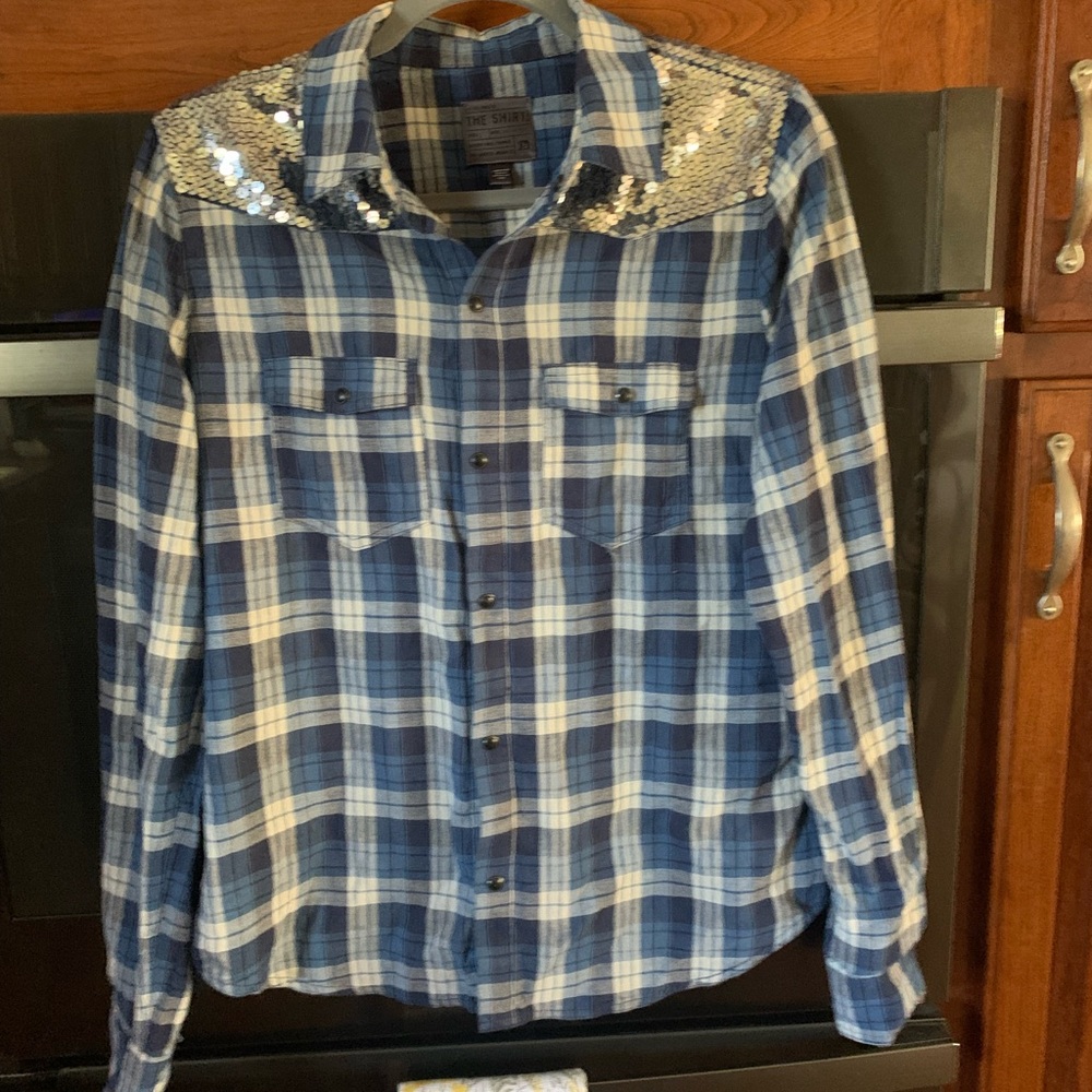 Plaid & sequin denim shirt with snaps
